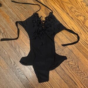 One Piece Swimsuit black fringe monokini